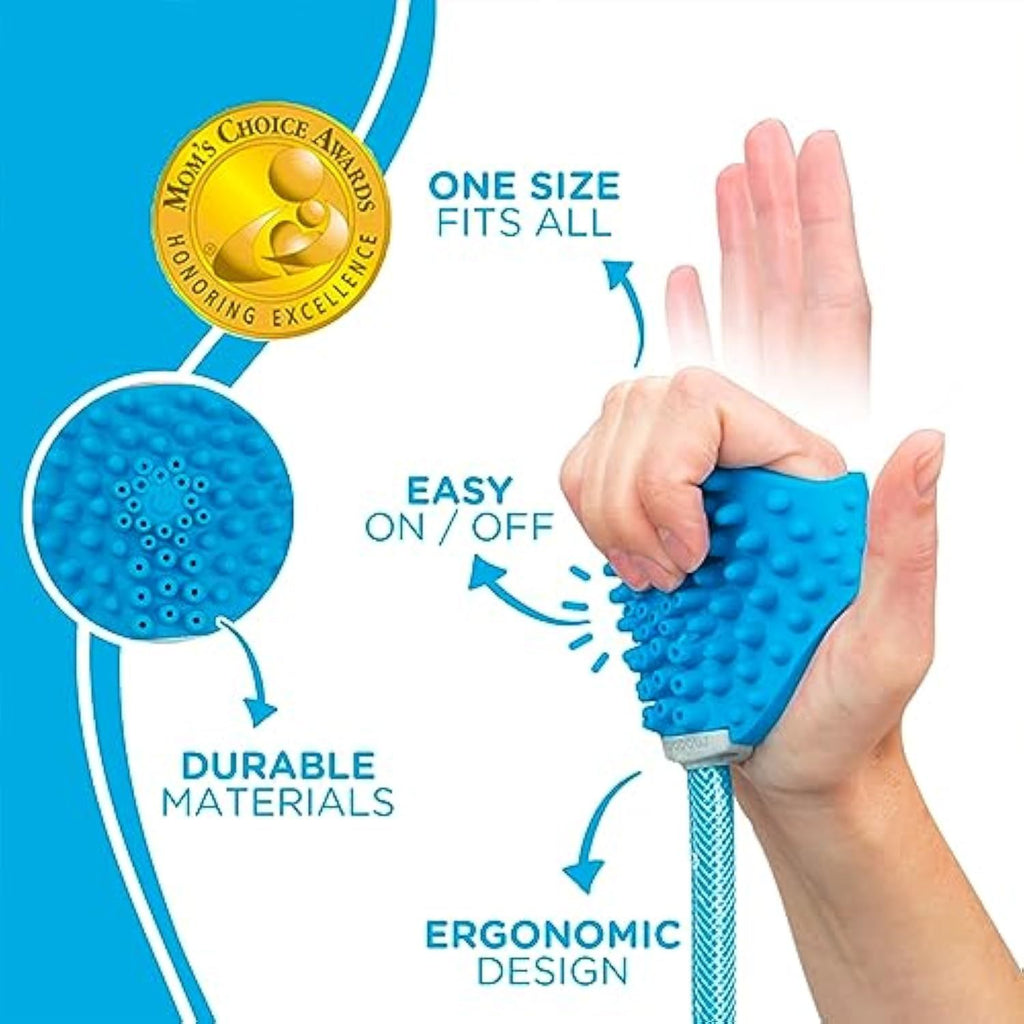 Hand holding SnuggleBugSupply's Aquapaw Pet Bathing Tool, featuring an ergonomic design for efficient pet grooming and washing