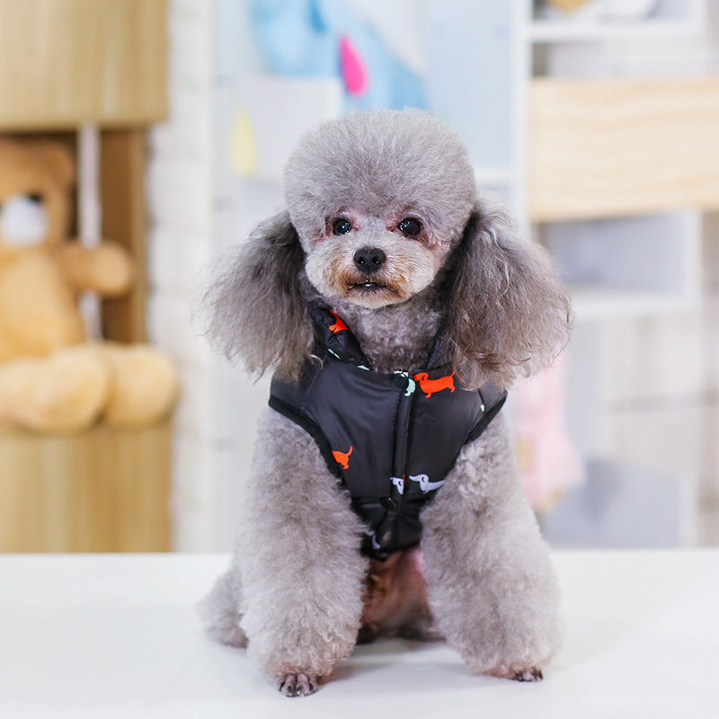 A display image of a pet wearing the snugglebugsupply's Winter Pet Jacket