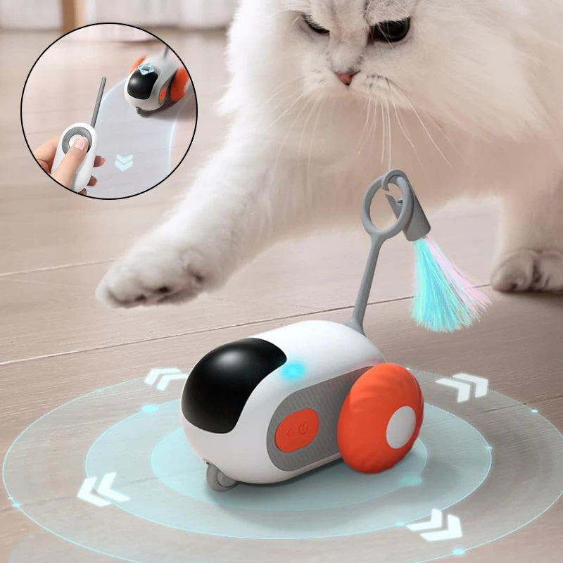 A display image of a pet playing with the snugglebugsupply's Pet Smart Remote Interactive Car Toy