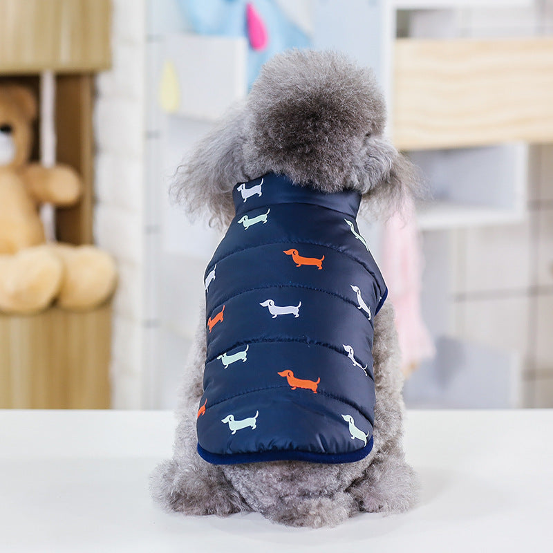 A display image of a pet wearing the snugglebugsupply's Winter Pet Jacket