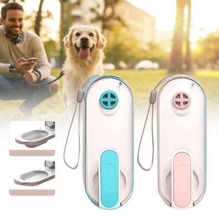 A display image of a pet, the pet owner and the Snugglebugsupply's Foldable Pet Water Dispenser