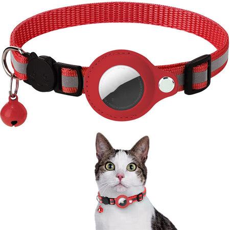 Close-up of a dog wearing SnuggleBugSupply's reflective waterproof collar with Airtag, providing peace of mind and durability air tag. red