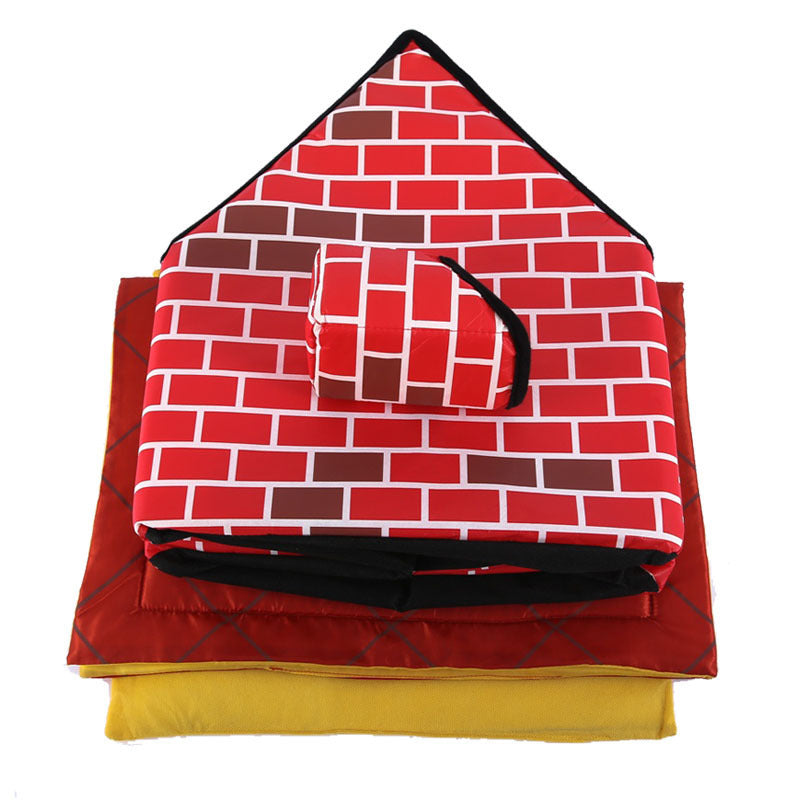 Pet lounging inside a foldable chimney pet house, featuring a soft interior and sturdy construction