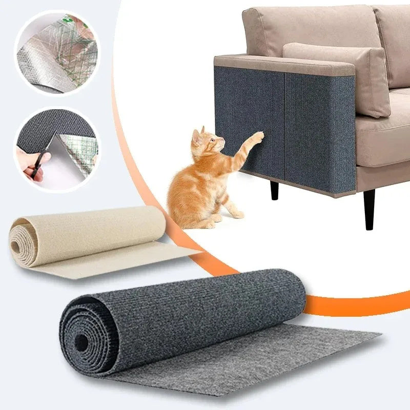 A display image of a pet, chair and the snugglebugsupply's Pet Self-Adhesive Scratch Carpet