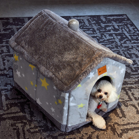 a display image of the Snugglebugsupply's Removable and Foldable Pet House while a pet is sleeping inside 