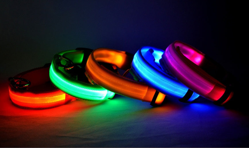 A display image of snugglebugsupply's Pet Luminous Glow collar and Leach in different variants 