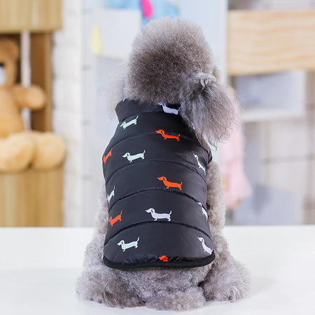 A display image of a pet wearing the snugglebugsupply's Winter Pet Jacket