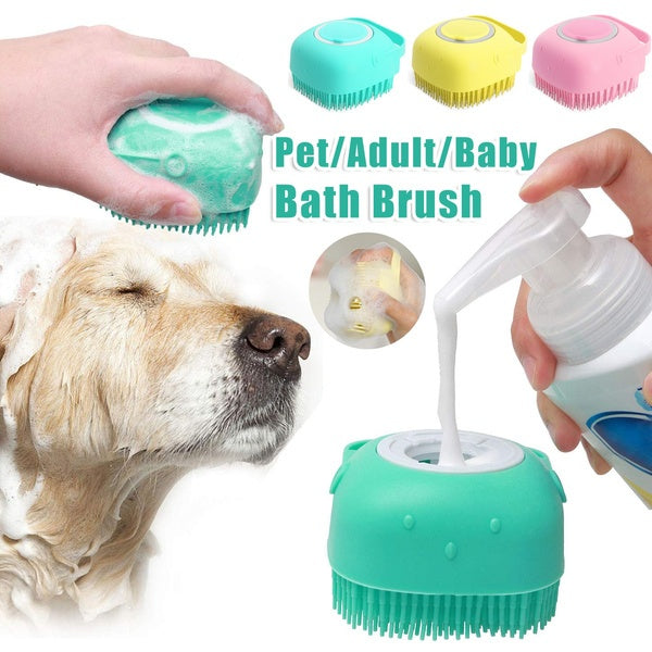 A display image of the snugglebugsupply's Pet Silicone Bathing Brush being used  a pet with a shampoo 