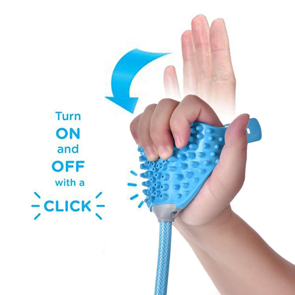 Hand holding SnuggleBugSupply's Aquapaw Pet Bathing Tool, featuring an ergonomic design for efficient pet grooming and washing