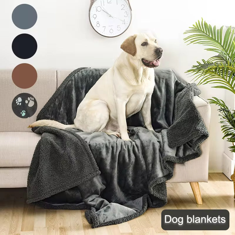 A display image of a pet sitting on a chair laid with the snugglebugsupply's Pet Thick Waterproof Cushion Blanket