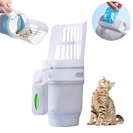 A descriptive image of the snugglebugsupply's Large Cat litter Shovel Scoop With Refill Bags with a pet sitting behind it.