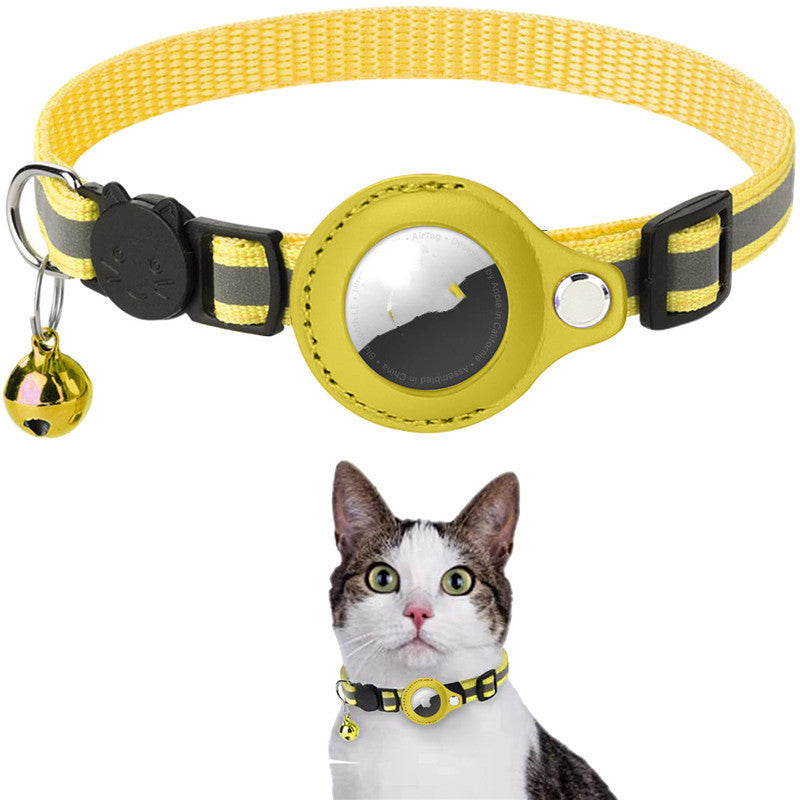 Dog wearing SnuggleBugSupply's Reflective Waterproof Collar with Airtag, designed for visibility and tracking in all weather conditions. yellow