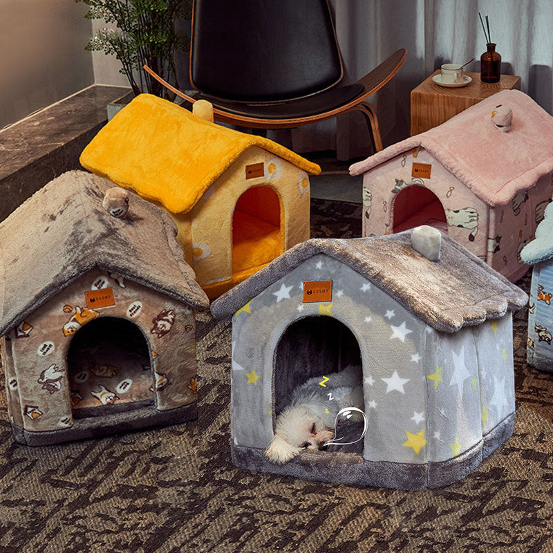 a display image of the Snugglebugsupply's Removable and Foldable Pet House in different variant color while a pet is sitting inside one of it 