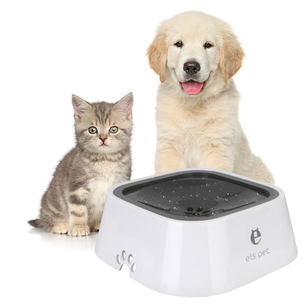 Pet sitting near SnuggleBugSupply's Dog Water Dispenser Bowl, a 1.5L anti-overflow design for spill-free hydration.