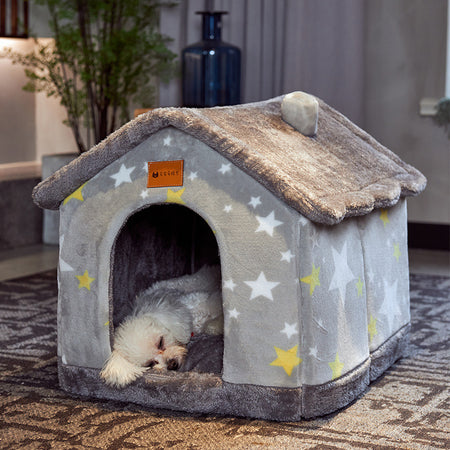 a display image of the Snugglebugsupply's Removable and Foldable Pet House while a pet is sleeping inside 