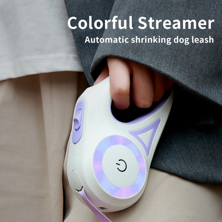 A descriptive image of the Snugglebugsupply's Pet Automatic Retractable Leash while being hold by a hand