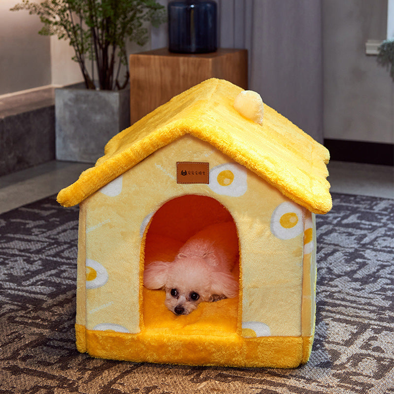 a display image of the Snugglebugsupply's Removable and Foldable Pet House while a pet is sleeping inside 