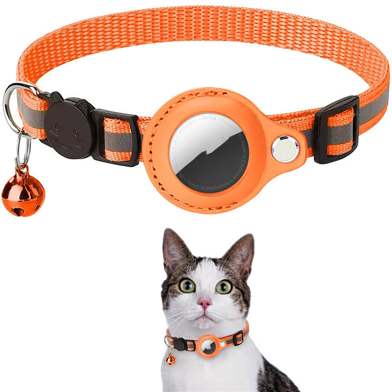 Pet with SnuggleBugSupply's waterproof dog collar, featuring reflective material and an integrated Airtag for enhanced security. orange