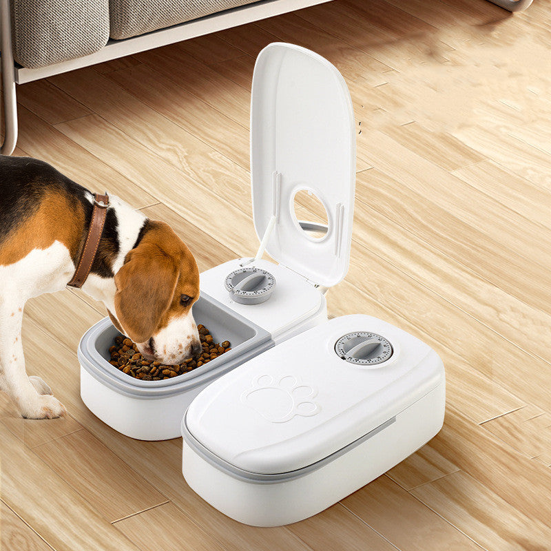 A display image of a pet feeding from the snugglebugsupply's Smart Automatic Pet Food Dispenser