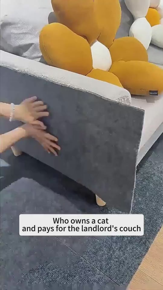 A video presentation of a pet owner using the snugglebugsupply's Pet Self-Adhesive Scratch Carpet